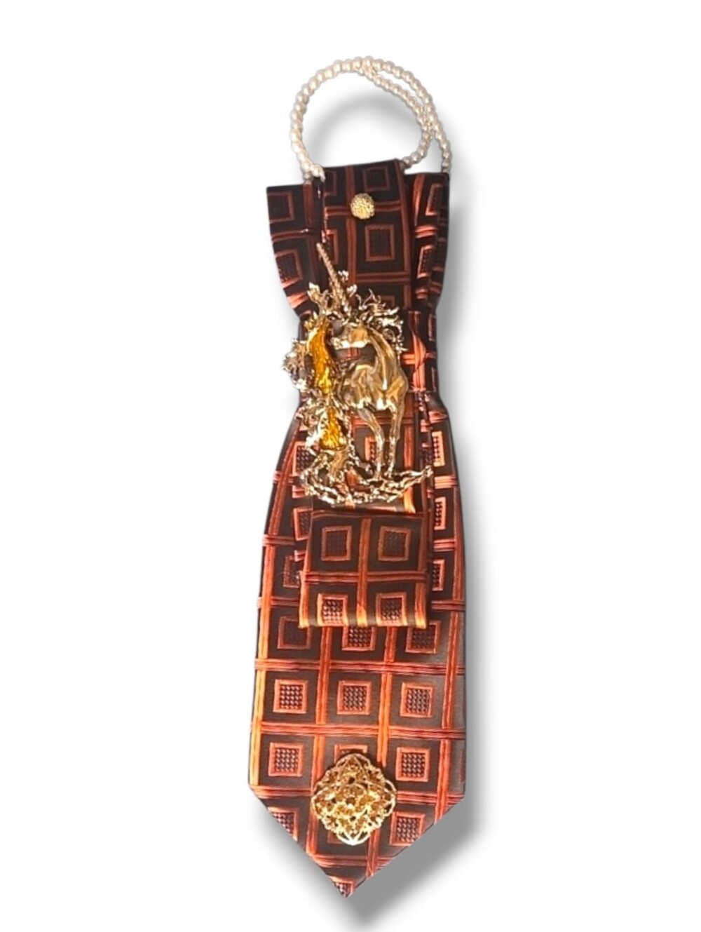 3/$60 Orange Black Geometric Cravat with Gold Toned Unicorn Detail